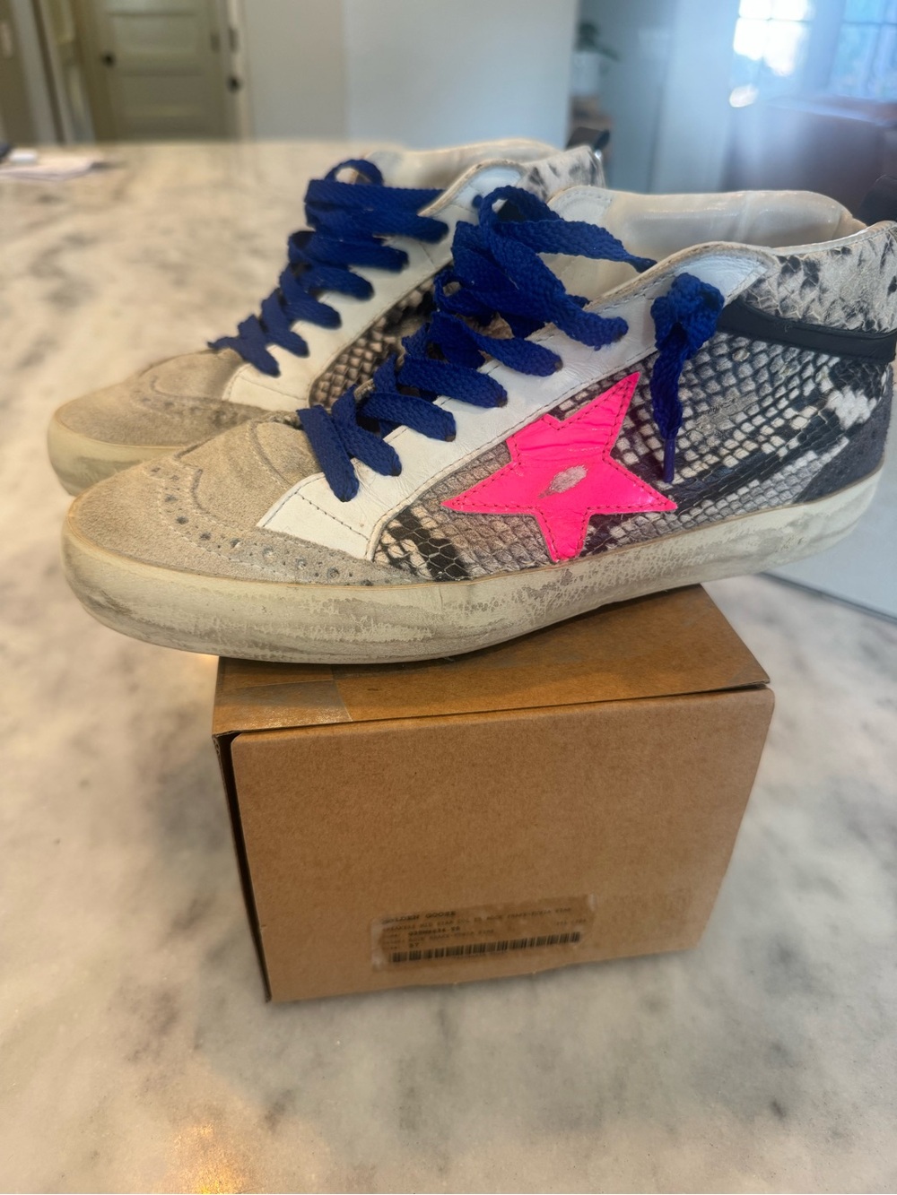 Golden Goose Women’s Mid-Top Sneakers with Pink Star and Blue Laces